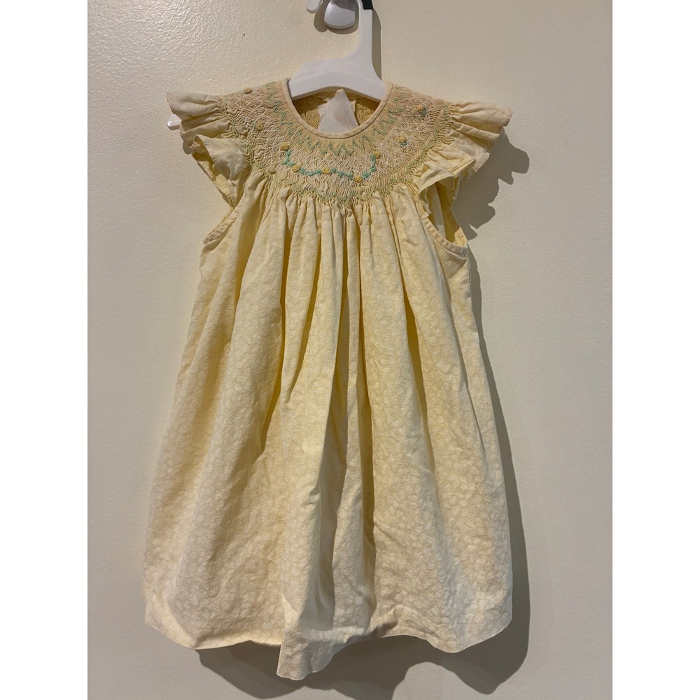 Bonnie Jean Vintage Smocked Yellow Floral Damask Dress Baby Girl 2T Flutter